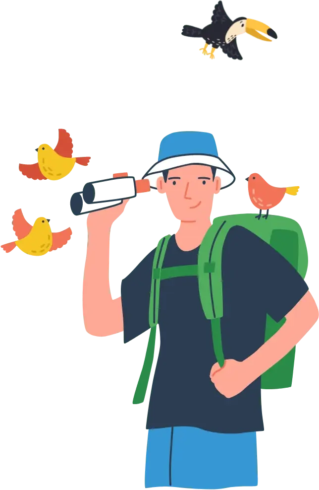 A birder watching through binoculars, with songbirds flying around them