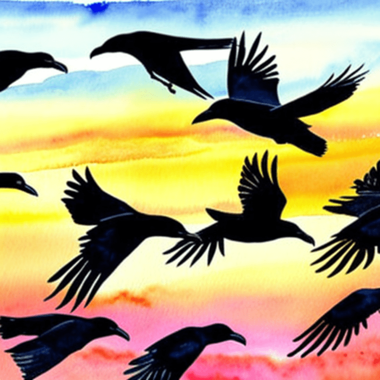 watercolor painting of crows in sunset