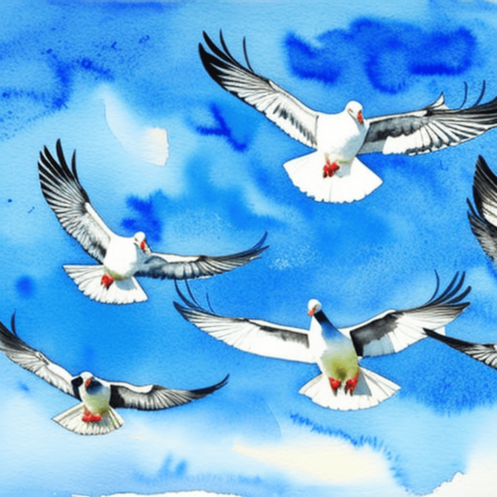 watercolor painting of pigeons flying against a blue sky