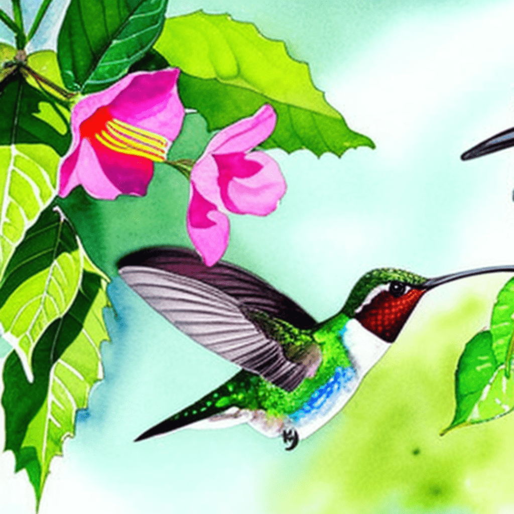 watercolor painting of a hummingbird flying near flowers