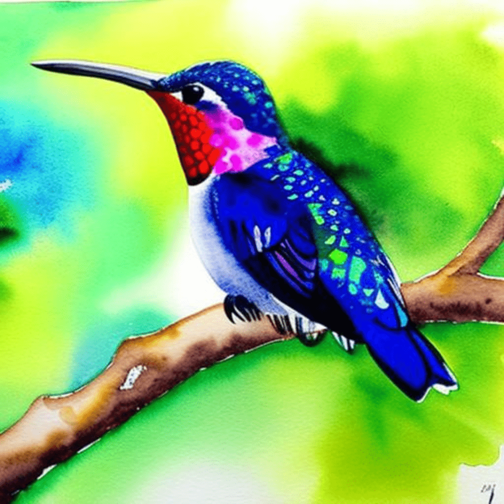 watercolor painting of hummingbird sleeping in tree