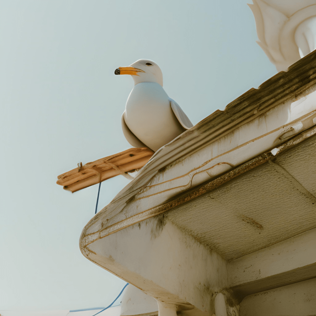 realistic photo of a seagull on top of a building