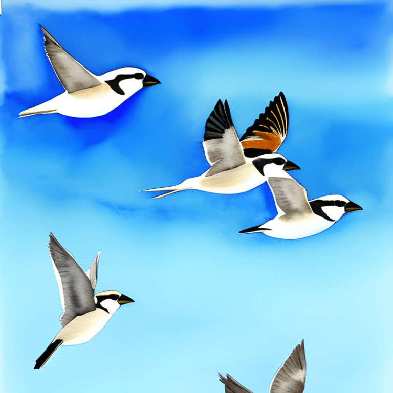 watercolor painting of sparrows migrating in blue sky
