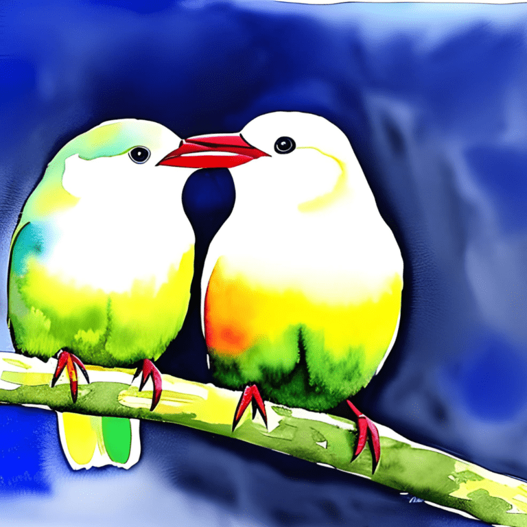 watercolor painting of two birds kissing on a branch