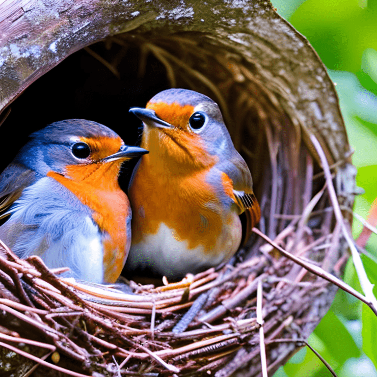 two mated robins in a nest together