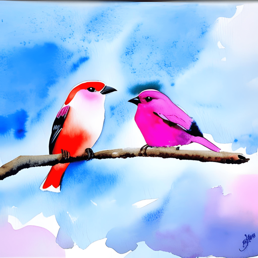 watercolor painting of two pink birds in a tree