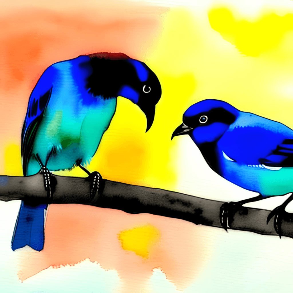 watercolor painting of two blue and black birds perched
