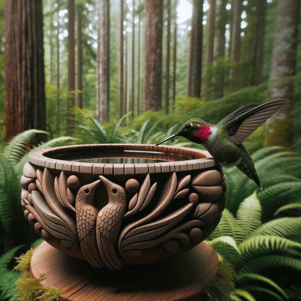 realistic image of a hummingbird drinking out of a bird bath